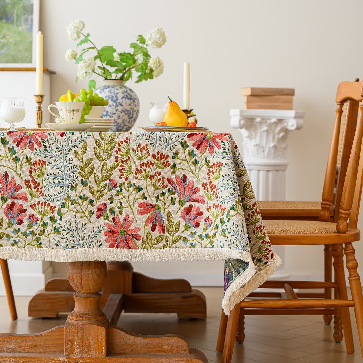 Rustikale Jacquard-Tischdecke mit Quasten und Blumenmuster - image 2