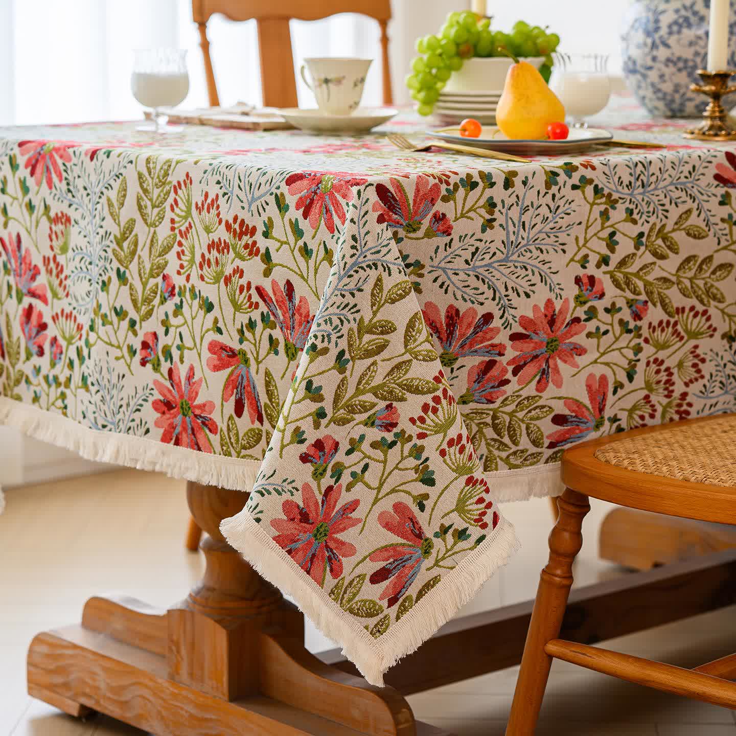 Rustikale Jacquard-Tischdecke mit Quasten und Blumenmuster - image 4