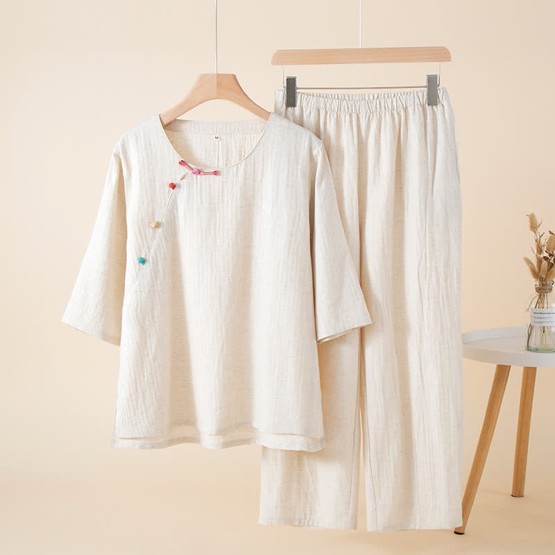 Loungewear-Set im orientalischen Stil mit Knöpfen - Beige - XL - image 3