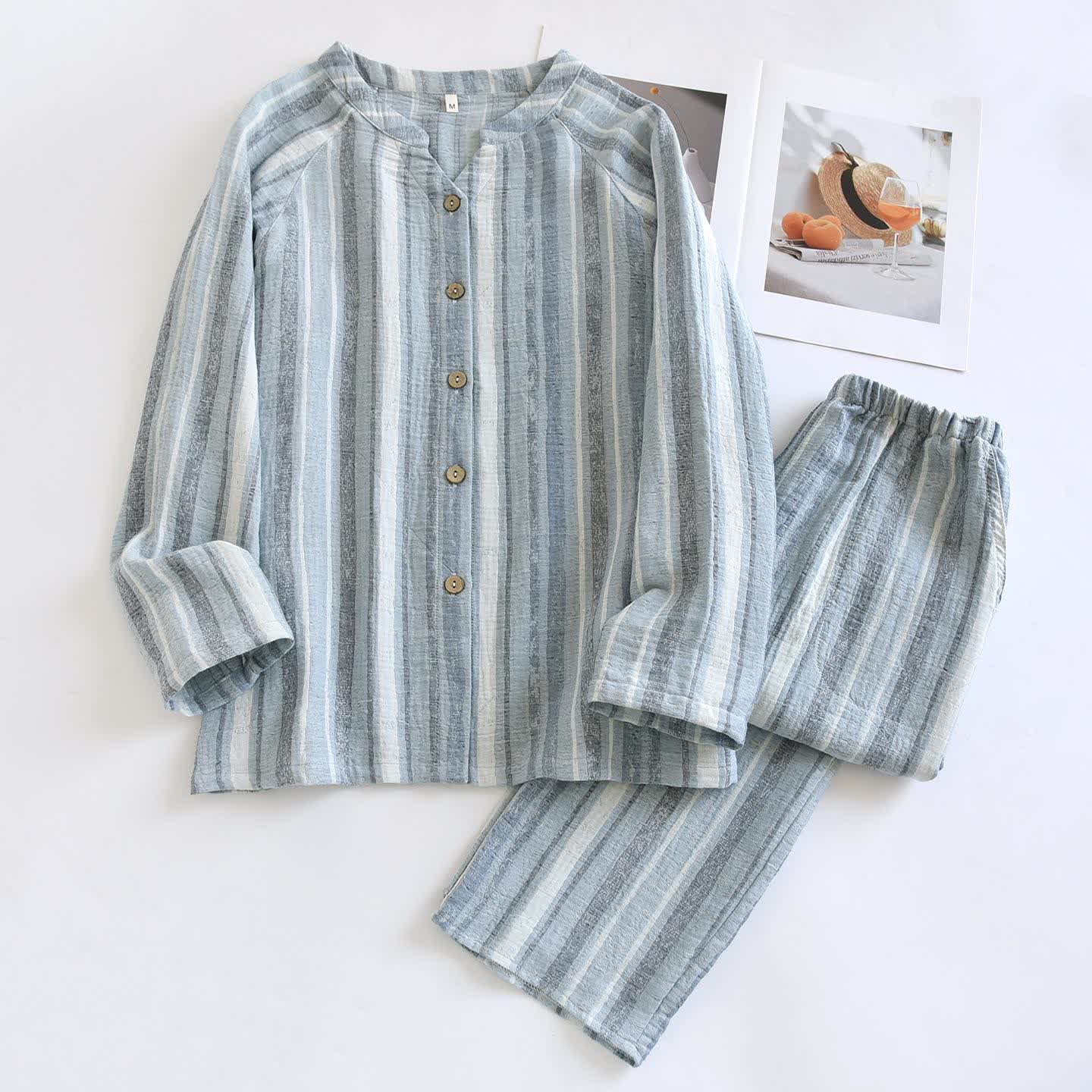 Loungewear-Set aus gestreifter Baumwollgaze - Blau - XL - image 4