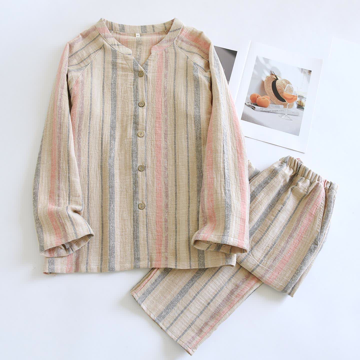 Loungewear-Set aus gestreifter Baumwollgaze - Khaki - XL - image 6