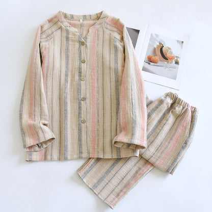 Loungewear-Set aus gestreifter Baumwollgaze - Khaki - XL - image 6