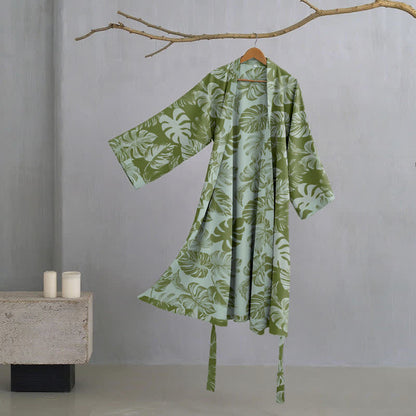 Kimono-Bademantel aus Baumwollgaze mit Monstera-Print - Dunkelgrün - XL - image 1