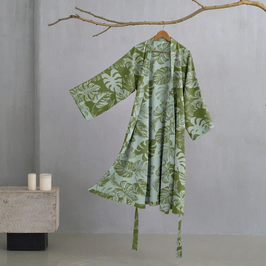 Kimono-Bademantel aus Baumwollgaze mit Monstera-Print - Dunkelgrün - XL - image 1