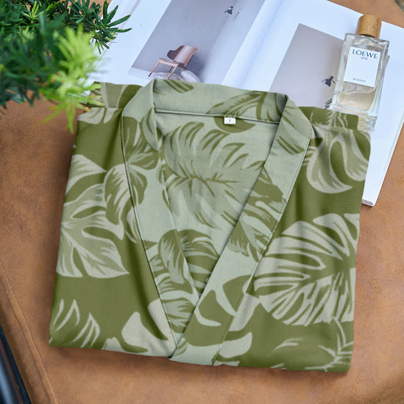 Kimono-Bademantel aus Baumwollgaze mit Monstera-Print - image 4