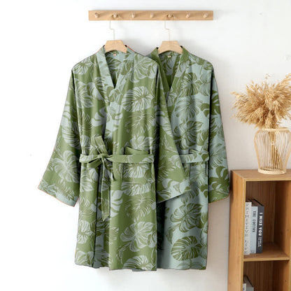 Kimono-Bademantel aus Baumwollgaze mit Monstera-Print - image 2