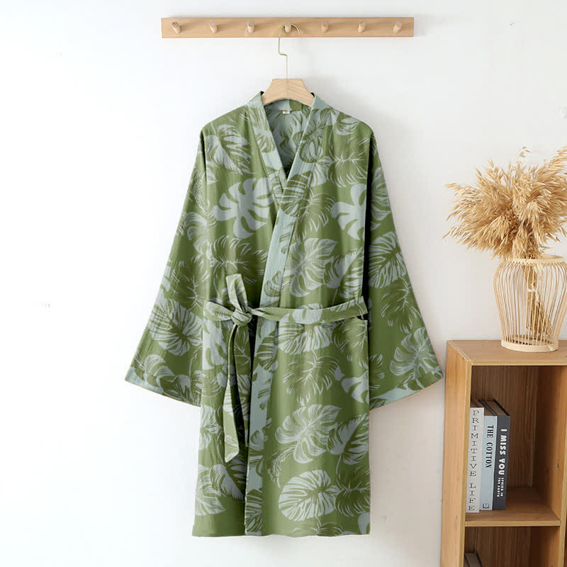 Kimono-Bademantel aus Baumwollgaze mit Monstera-Print - image 3
