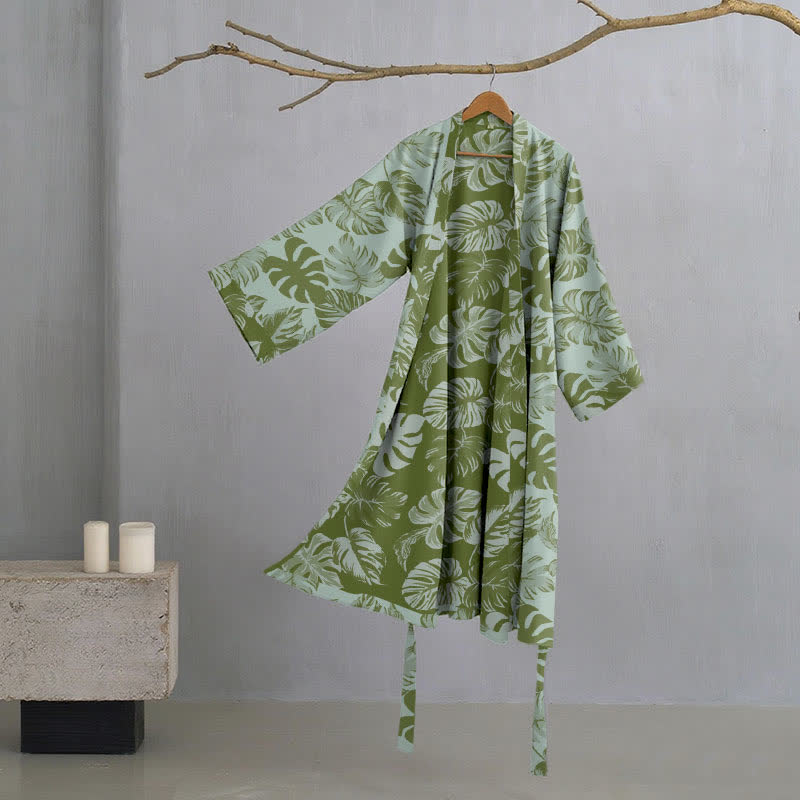 Kimono-Bademantel aus Baumwollgaze mit Monstera-Print - Hellgrün - XL - image 8