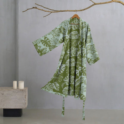 Kimono-Bademantel aus Baumwollgaze mit Monstera-Print - Hellgrün - XL - image 8