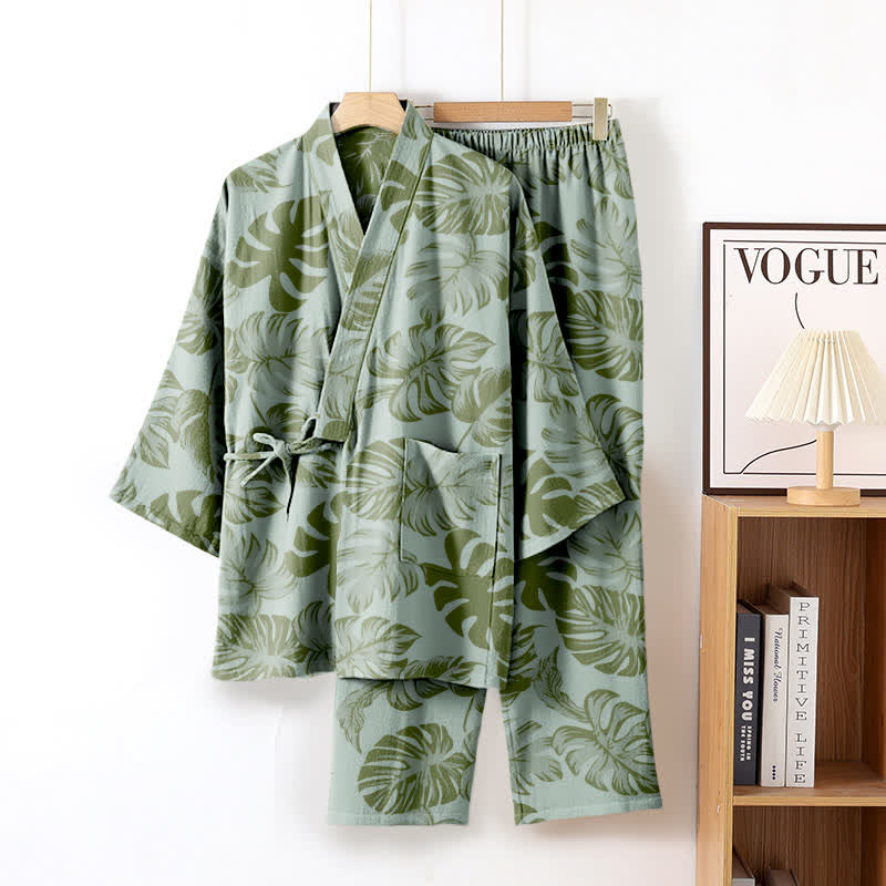 Monstera Kimono-Loungewear-Set aus Baumwollgaze - Hellgrün - XL - image 5