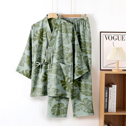 Monstera Kimono-Loungewear-Set aus Baumwollgaze - Hellgrün - XL - image 5