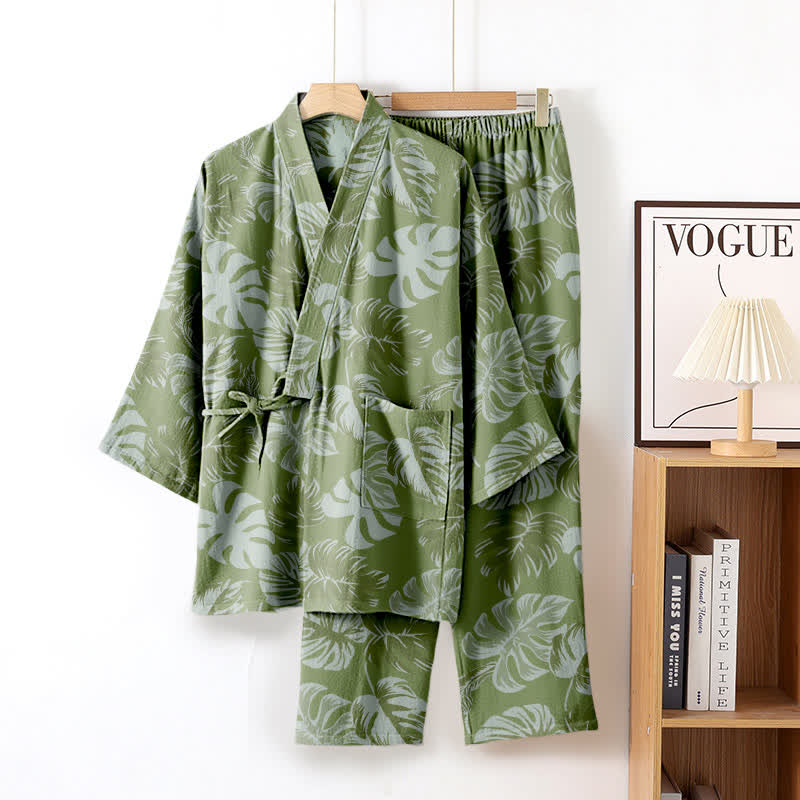 Monstera Kimono-Loungewear-Set aus Baumwollgaze - Dunkelgrün - XL - image 2