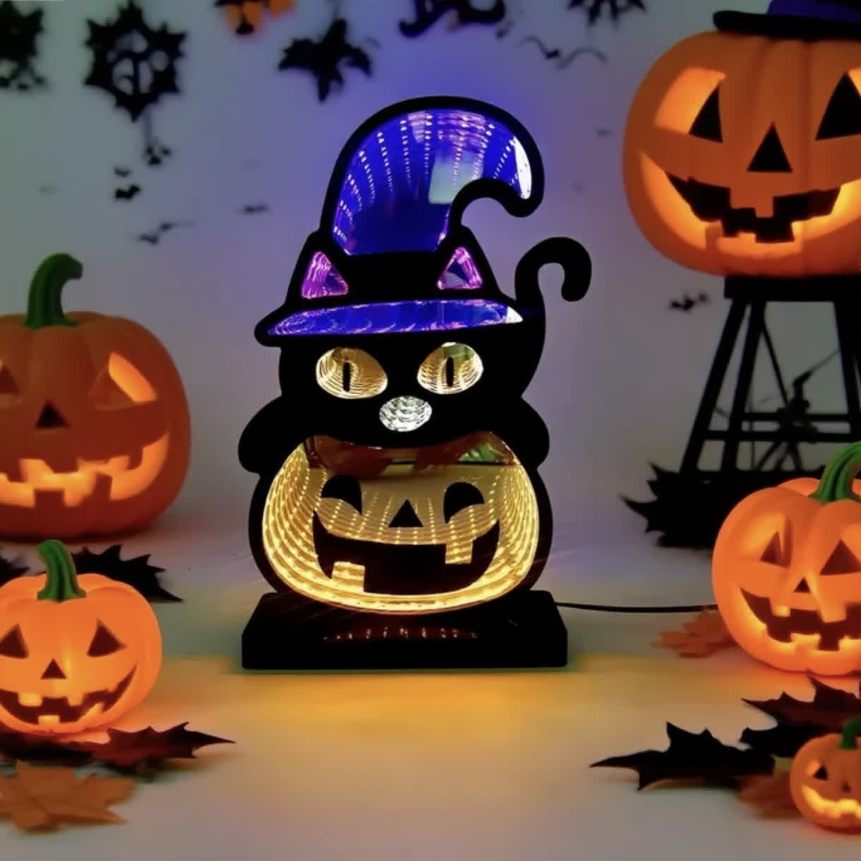 3D Schwarze Katze Kürbis Infinity Lichter - 2 STÜCKE - 5cm x 13cm x 21cm - image 1