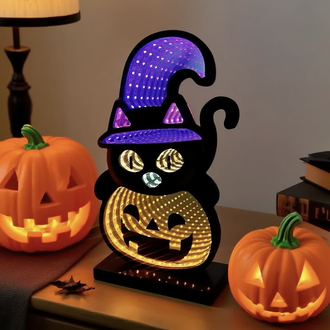3D Schwarze Katze Kürbis Infinity Lichter - image 5