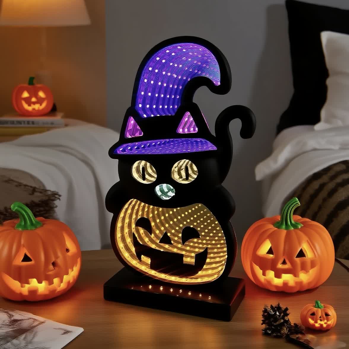 3D Schwarze Katze Kürbis Infinity Lichter - image 3