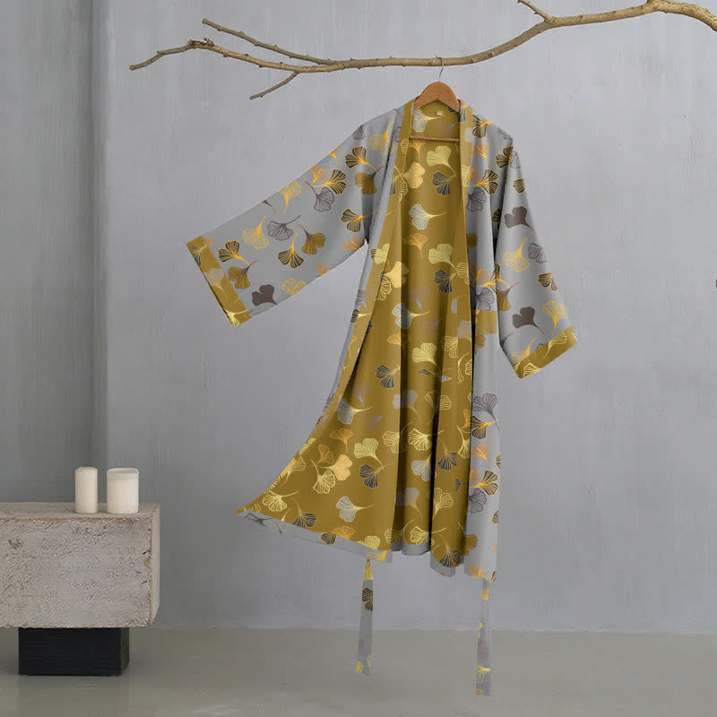 Kimono-Bademantel aus Baumwollgaze „Ginkgo Biloba“ - Hellgrau - L - image 16