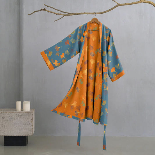 Kimono-Bademantel aus Baumwollgaze „Ginkgo Biloba“ - Blau - 2XL - image 0