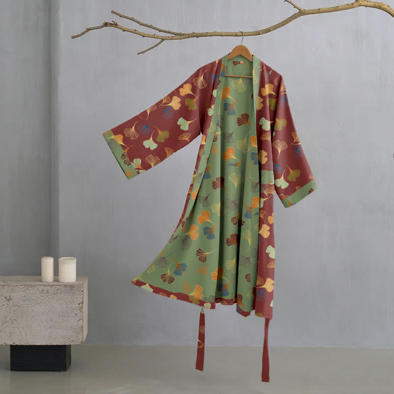 Kimono-Bademantel aus Baumwollgaze „Ginkgo Biloba“ - Wein - L - image 29