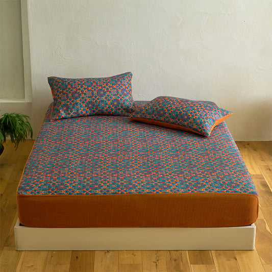 Spannbettlaken aus Baumwolle mit geometrischem Retro-Muster - Laken mit 2 Kissenbezügen - 200cm x 220cm - image 1