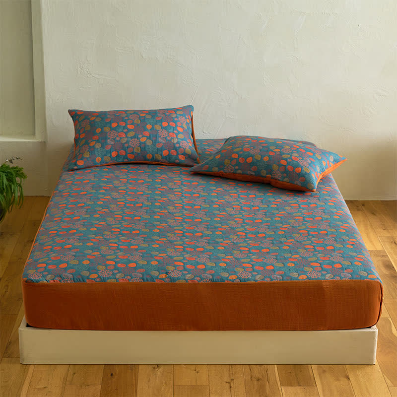 Spannbettlaken aus Baumwollgaze mit Blattmuster - Laken mit 2 Kissenbezügen - 200cm x 220cm - image 1