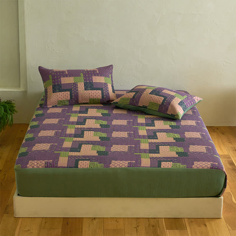 Patchwork-Spannbettlaken aus Baumwollgaze-Jacquard - Laken mit 2 Kissenbezügen - 200cm x 220cm - image 1