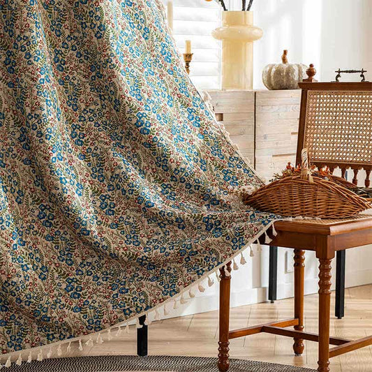 Blauer Jacquard-Vorhang mit Quasten und Blumenmuster - Rutentasche - 150cm x 260cm - image 1
