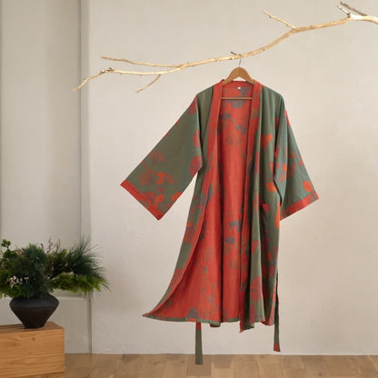 Großer Kimono-Bademantel aus Baumwolle mit Ginkgoblättern - Grün & Orange - XL - image 11