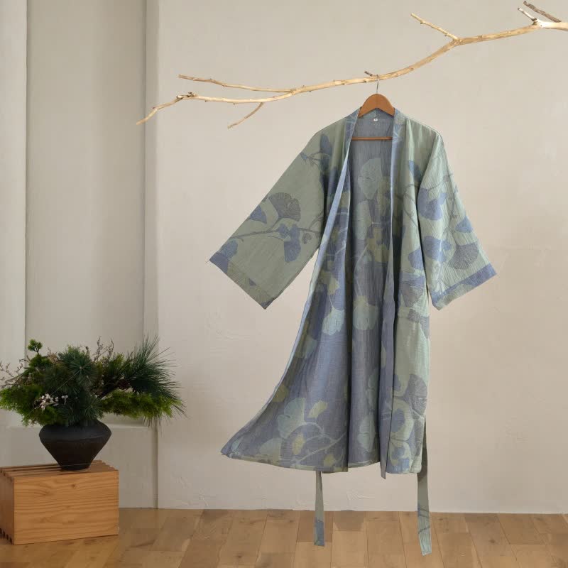 Kimono-Bademantel aus Bio-Baumwolle mit Ginkgoblatt - Hellgrün & Blau - 2XL - image 2