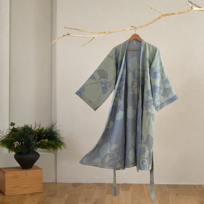 Kimono-Bademantel aus Bio-Baumwolle mit Ginkgoblatt - Hellgrün & Blau - 2XL - image 2