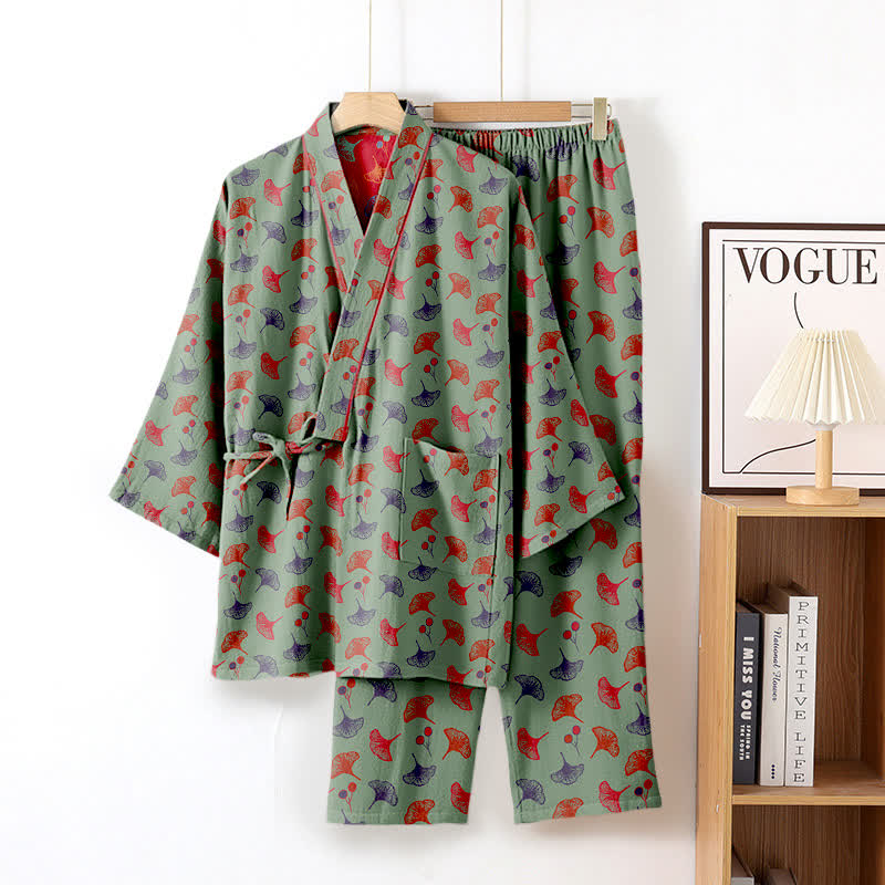 Ginkgo Bio-Baumwoll-Kimono-Loungewear-Set - Grün & Rot - XL - image 18