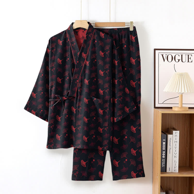 Ginkgo Bio-Baumwoll-Kimono-Loungewear-Set - Schwarz & Rot - XL - image 3