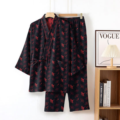 Ginkgo Bio-Baumwoll-Kimono-Loungewear-Set - Schwarz & Rot - XL - image 3