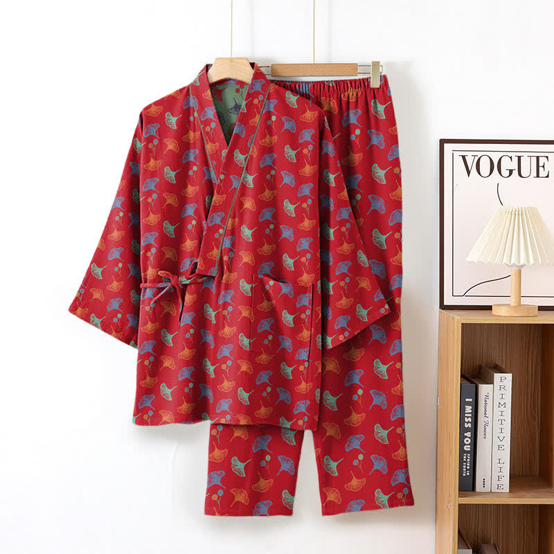 Ginkgo Bio-Baumwoll-Kimono-Loungewear-Set - Rot & Grün - XL - image 15