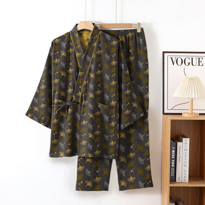 Ginkgo Bio-Baumwoll-Kimono-Loungewear-Set - Grau & Gelb - XL - image 9