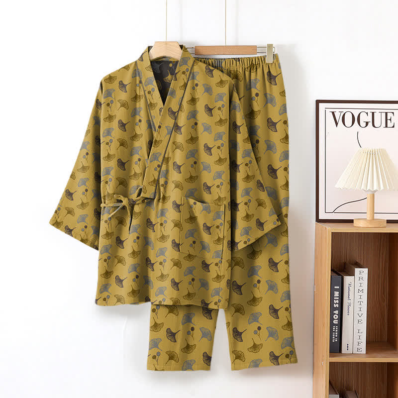 Ginkgo Bio-Baumwoll-Kimono-Loungewear-Set - Gelb & Grau - XL - image 12