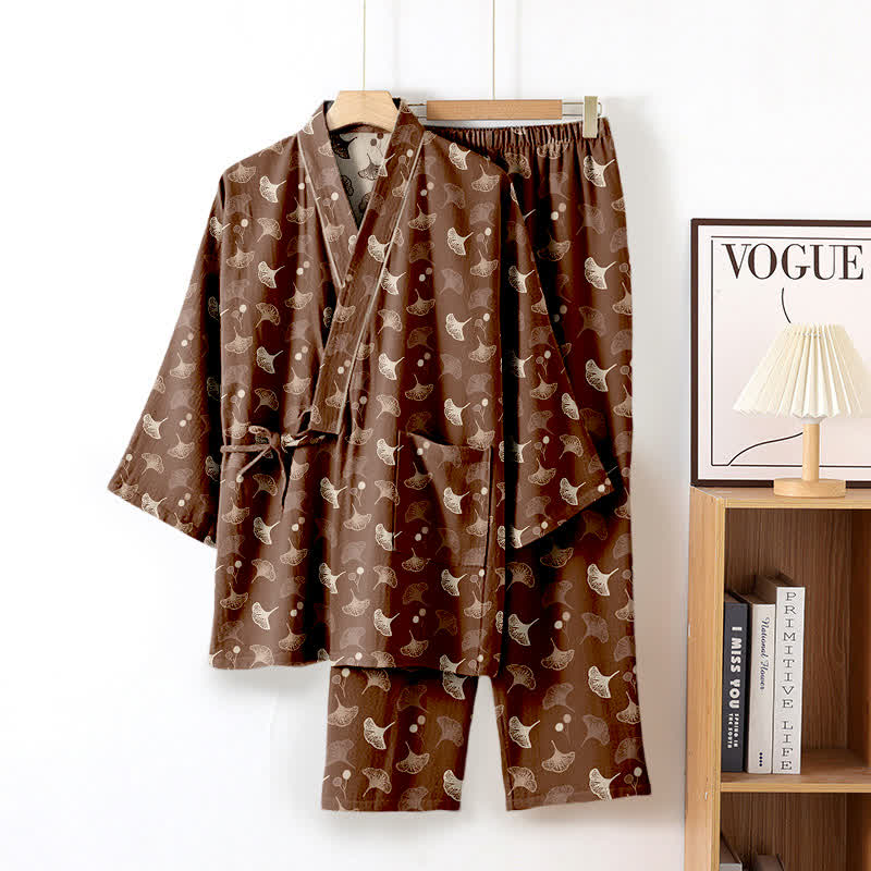 Ginkgo Bio-Baumwoll-Kimono-Loungewear-Set - Braun - XL - image 21
