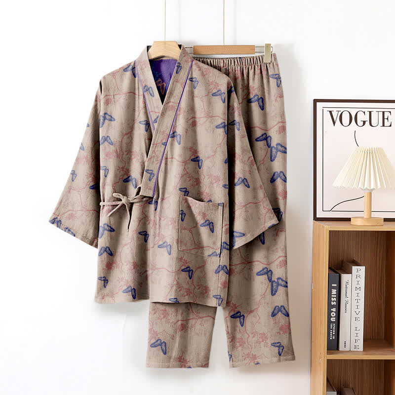 Loungewear-Set aus Baumwollgaze-Kimono mit Schmetterlingsmotiv - Braun - XL - image 4