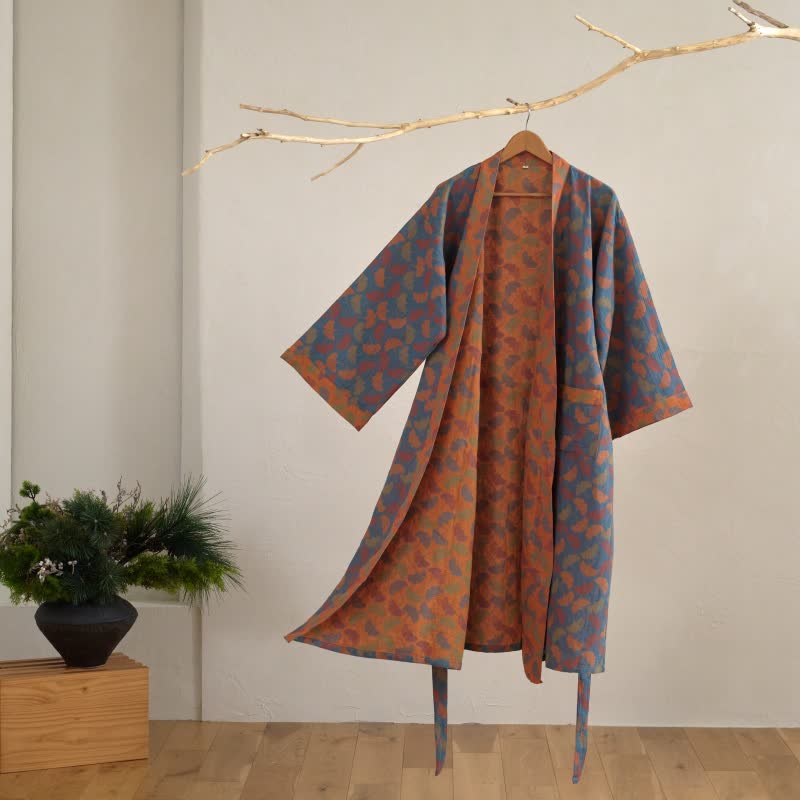 Japanischer Bademantel aus Baumwollgaze mit Ginkgo Biloba - Blau - L - image 1
