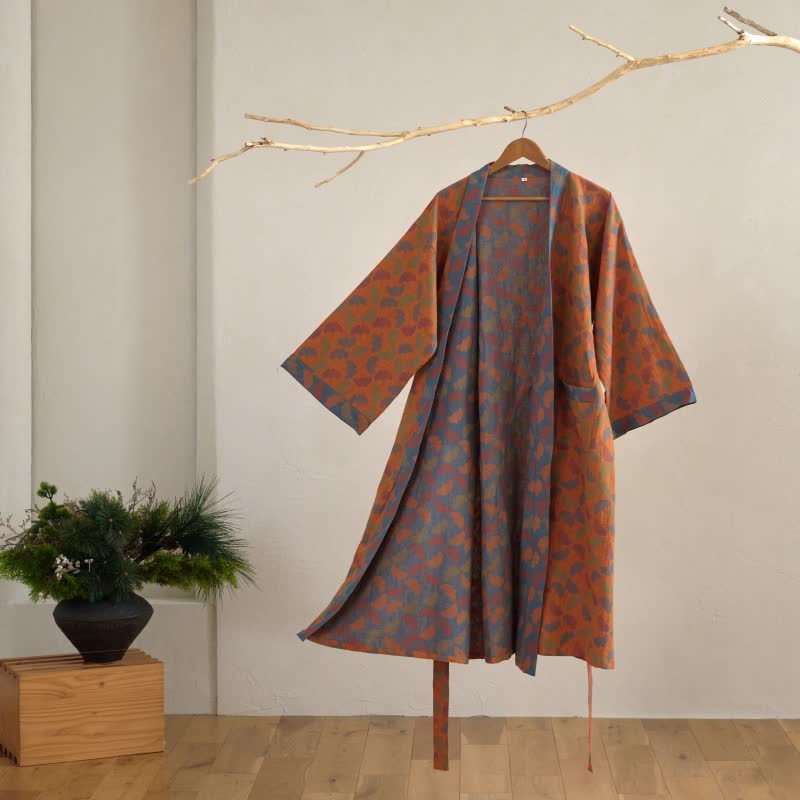 Japanischer Bademantel aus Baumwollgaze mit Ginkgo Biloba - Orange - L - image 4