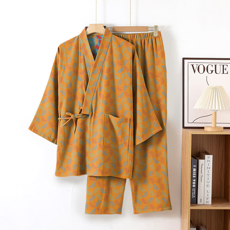 Ginkgoblatt-Kimono-Loungewear-Set aus Baumwolle - Orange - XL - image 5