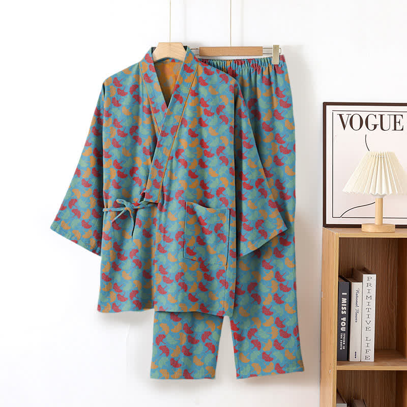 Ginkgoblatt-Kimono-Loungewear-Set aus Baumwolle - Blau - XL - image 2