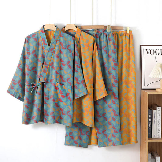 Ginkgoblatt-Kimono-Loungewear-Set aus Baumwolle - image 1