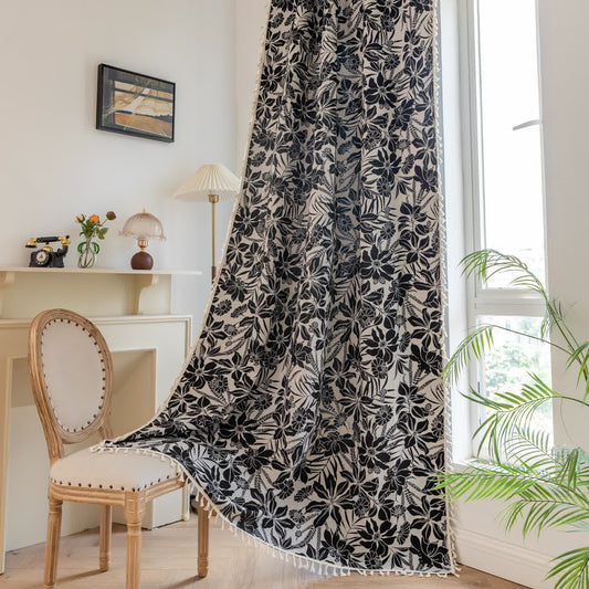 Schwarzer Vintage-Vorhang mit Blumenquaste - Stangentasche - 150cm x 260cm - image 1