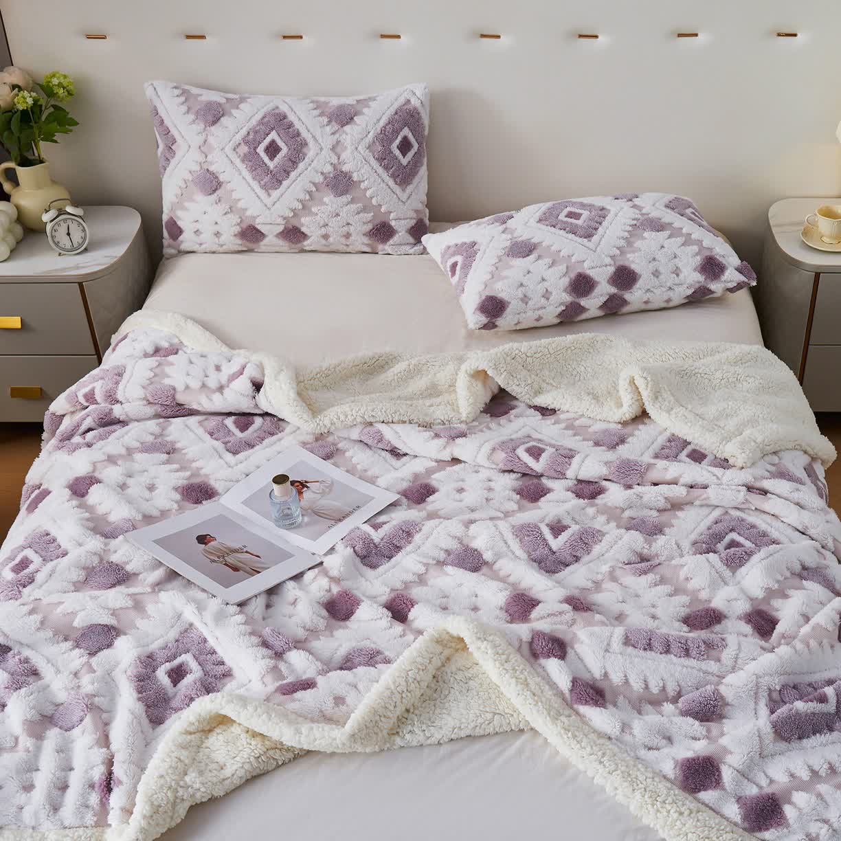 Jacquard-Sherpa-Überwurfdecke im Bohème-Stil - Hellviolett - 200cm x 230cm - image 18