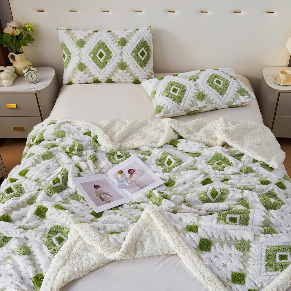 Jacquard-Sherpa-Überwurfdecke im Bohème-Stil - Hellgrün - 200cm x 230cm - image 15