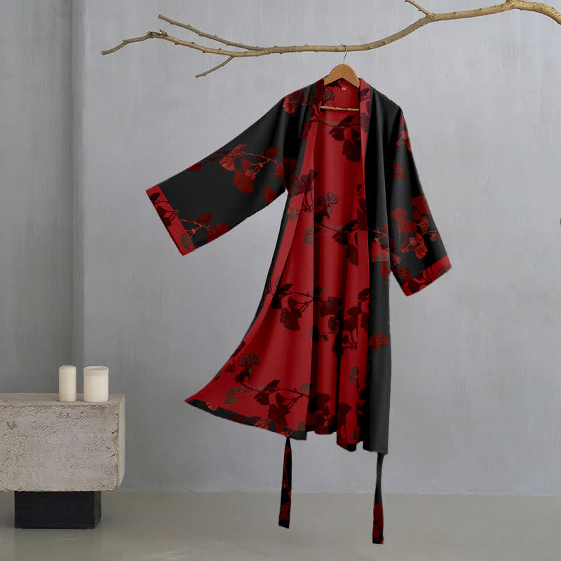 Großer Kimono-Bademantel aus Baumwolle mit Ginkgoblättern - Schwarz & Rot - 2XL - image 14