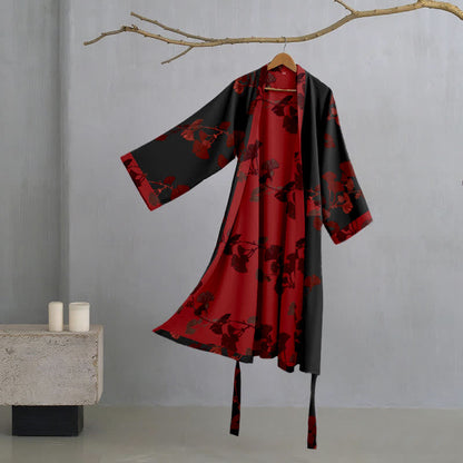 Großer Kimono-Bademantel aus Baumwolle mit Ginkgoblättern - Schwarz & Rot - 2XL - image 14