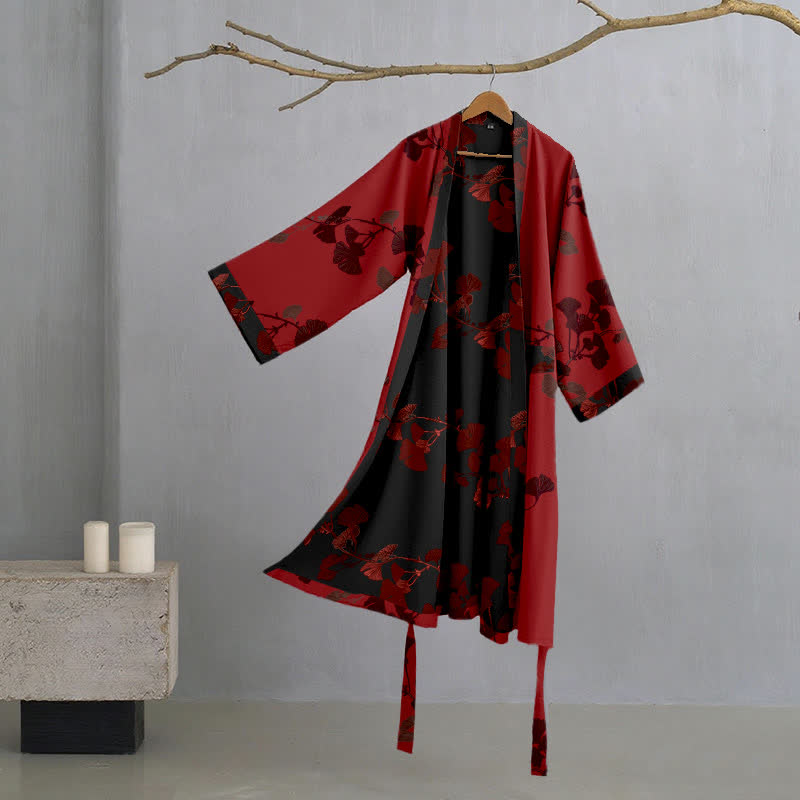 Großer Kimono-Bademantel aus Baumwolle mit Ginkgoblättern - Rot & Schwarz - 2XL - image 12