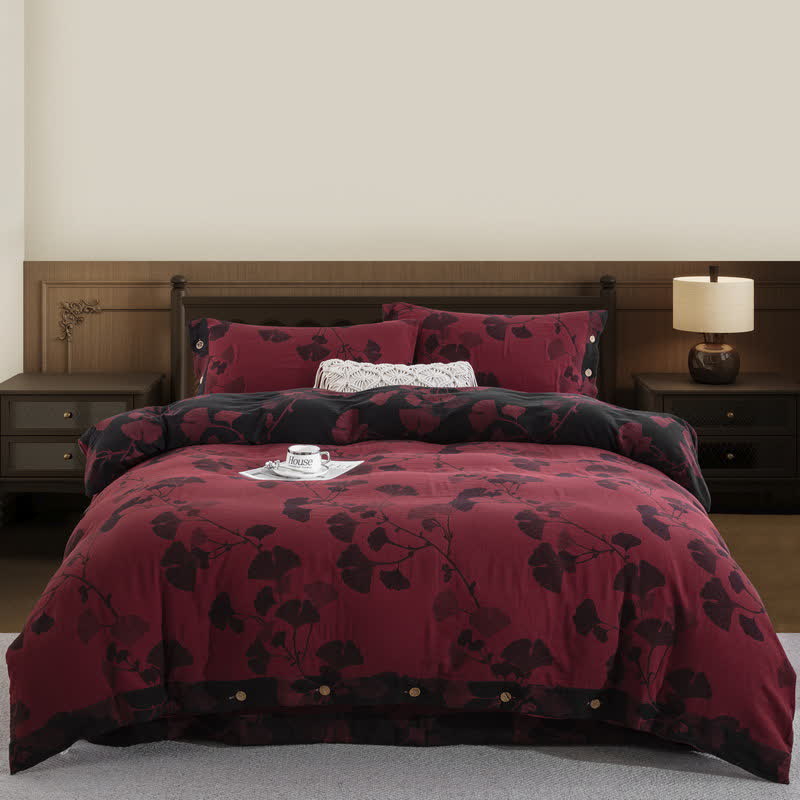 Bettwäsche-Set aus Baumwollgaze mit Knöpfen und Ginkgoblättern (4-teilig) - Schwarz & Rot - 220cm x 240cm - image 26