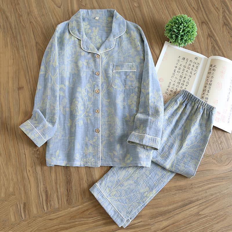 Elegantes Loungewear-Set aus Bio-Baumwolle mit Blumenmuster - Blau - XXL - image 3